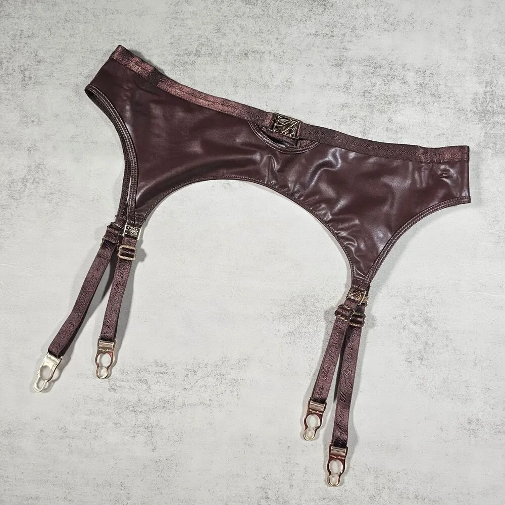 Honey Birdette Emily Deep Mahogany Faux Leather Suspender with Logo, Size L